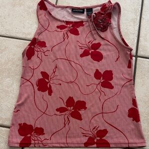 St. John Collection Pink and Red Floral Tank with Rosette